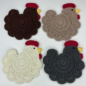 Hand Crafted Chicken Shaped Coasters Set  Brown, Taupe, Cream, Gray